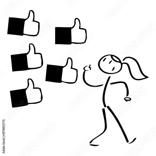 A stick figure woman surrounded by thumbs up icons in black and white