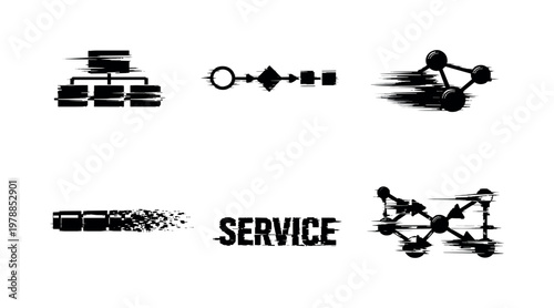 Digital service orchestration and microservices theme, a set of 5 glitch-distorted monochrome objects placed on a perfectly clean white background, each object containing