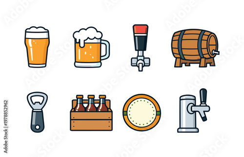 Craft beer elements: pint glass, beer mug with foam, tap handle, wooden barrel, bottle opener, six-pack carrier, coaster, draft tap.