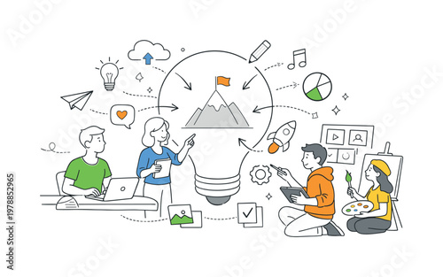 Individual exploring ideas and transforming inspiration into tangible outcomes through a personal creative workflow, visualized with a metaphor of a central concept shape