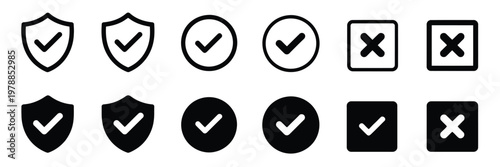 Security and verification icons with mixed check and cross marks isolated on white background, Vector, illustration