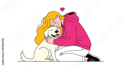 A joyful woman in a pink hoodie kneels and embraces a happy dog, symbolizing unconditional love and companionship.