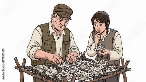 Elderly man and young person sorting mushrooms on drying rack, vector illustration of foraging and food preparation.