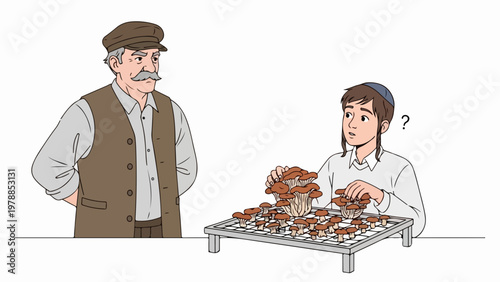 Elderly man observing young boy with confused expression sorting mushrooms, vector illustration. Traditional food preparation, family gathering, and generational knowledge transfer concept.