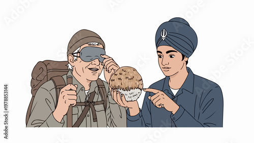 Blindfolded man with backpack receives food offering from young Sikh man, vector illustration.