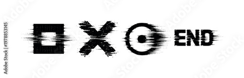 Digital termination and process end theme, a set of 3 glitch-distorted monochrome objects placed on a perfectly clean white background, each object exhibiting its own