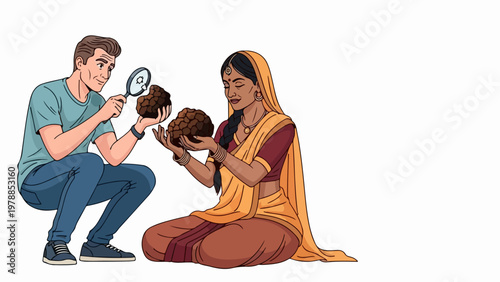 Scientific research collaboration, scientist examining artifact with local woman, cultural exchange and discovery, vector illustration.