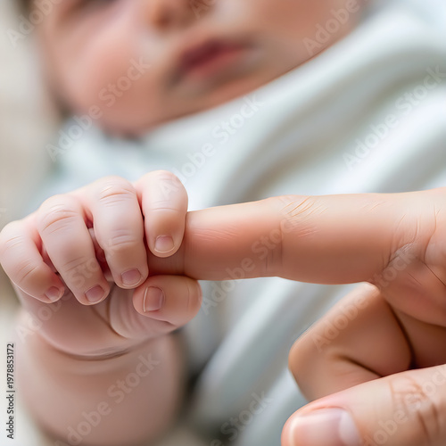 Closeup of a newborn baby holding an adults finger