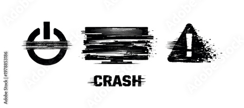 Digital shutdown and system crash theme, a set of 3 glitch-distorted monochrome objects placed on a perfectly clean white background, each object exhibiting its own