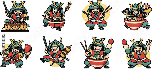 Samurai warrior cartoon characters with japanese cuisine elements