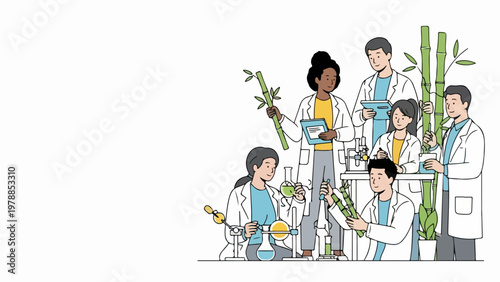 Diverse scientists in lab coats studying bamboo plants, vector illustration for research and development in botany and biotechnology.