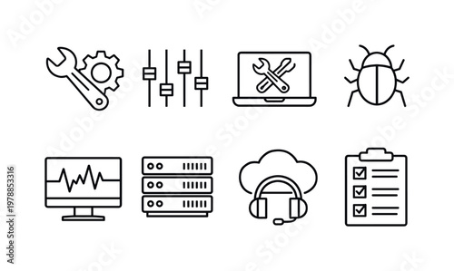 Technical support tools: wrench and gear, settings sliders, laptop repair, bug icon, system monitor, server rack, cloud support, troubleshooting checklist.
