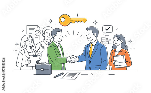 Key handover business agreement concept featuring individuals finalizing a deal and transferring access or responsibility in a professional environment, using a handshake