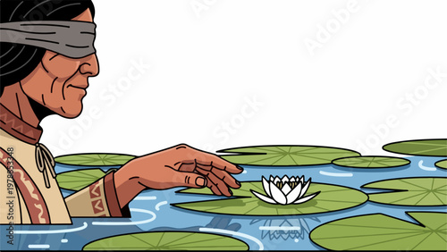 Blindfolded indigenous person reaching for water lily in pond, vector illustration. Indigenous culture, nature connection, spiritual journey, and mindfulness concept for cultural representation.