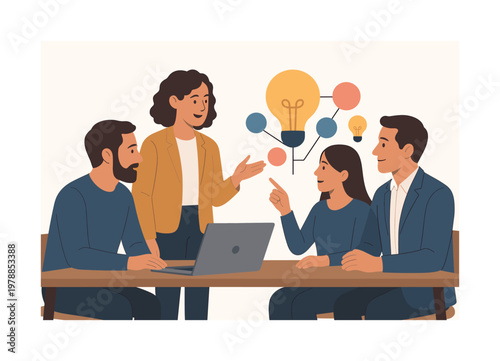 A team conducting a structured brainstorming session in a modern workplace, gathered near a laptop while interacting with a simple cluster of idea shapes beside it,