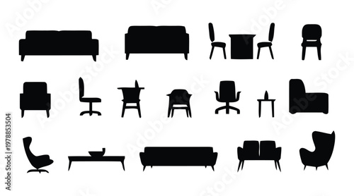 Assorted modern office chairs and sofas in monochrome silhouette style isolated on white background, Vector, illustration