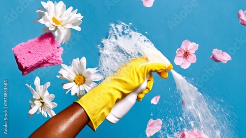 Cleaning Spray and Sponge on Blue Background With Flowers and Petals During D...