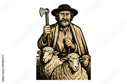 Shepherd with sheep flock walking together, Old sheep herder with a Wallachian axe, bearded old man in a hat with an axe in his hands,