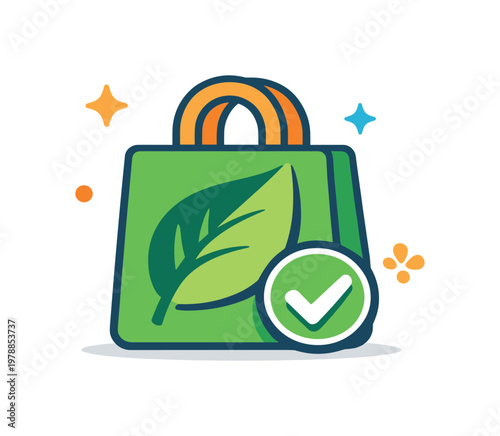 Eco products focused on sustainable consumption and environmentally friendly choices in everyday life, a shopping bag combined with a leaf and a small checkmark