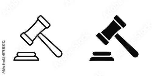 Two judicial gavel icons with wooden base and metal head isolated on white background, Vector, illustration