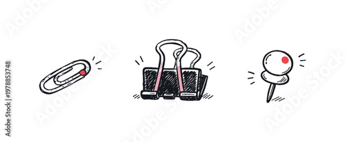 Simple office clip set theme a horizontal row of 3 related hand-drawn objects on a white background: a small paper clip with a tiny red dot detail, a simple binder clip