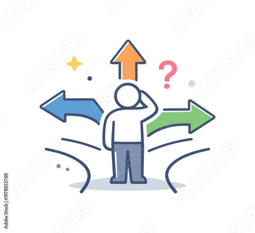 Career confusion and uncertainty in professional direction faced by individuals trying to choose the right path and make important life decisions, a human figure standing