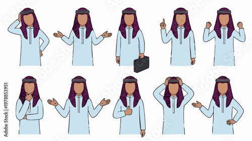 Arab man character set with various poses and gestures vector illustration