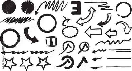 Sketch line frames, pointers. Doodle arrow, circle, oval and square shape frame, check mark elements. Freehand black marker, pen underline and navigation symbols.