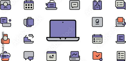 Collection of twenty flat vector icons with purple and orange accents
