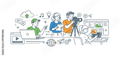 Content creation digital workflow scene showing a small team producing and organizing media for online platforms in a structured creative environment, using a laptop and