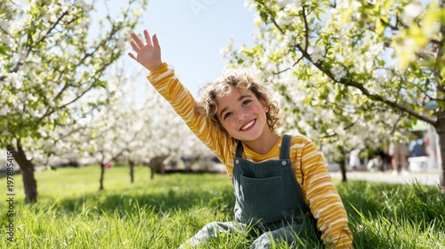 Child Enjoys Sunny Day in Flower Garden While Wearing Hat in Springtime