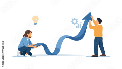 A team exploring new solutions and embracing change in a collaborative workspace, illustrated by two people adjusting a minimal abstract pathway that transforms into a