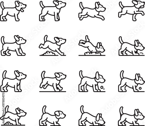 Dog action icons set black outline on white animal