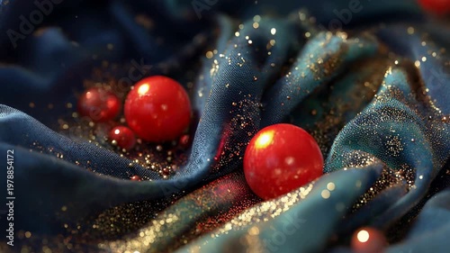 Luxurious abstract 3D background of iridescent red liquid waves with shimmering golden spheres and glittering metallic particles