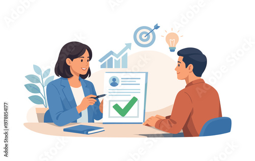 Performance review scenario where a manager evaluates an employees work and provides structured feedback in a professional setting, representing assessment, growth, and