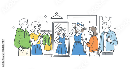 A clothing try-on context where individuals assess outfits in a private fitting space within a store, illustrated by a small group gathered near a simple mirror and