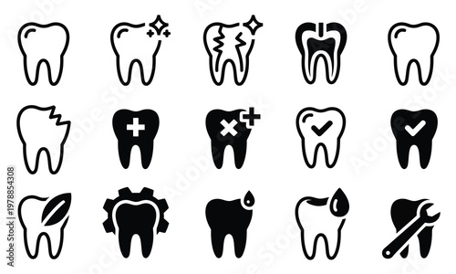 Dental icons set, healthy damaged and treated teeth collection showing cavity, decay and restored tooth conditions, medical and oral care concept in clean vector style