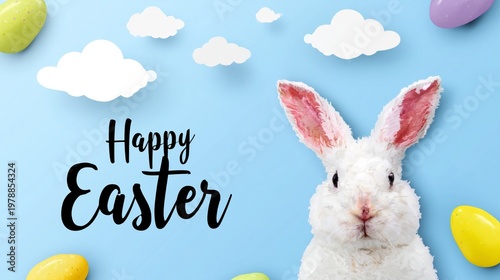 White Rabbit With Pink Ears and Colorful Eggs on Blue Background for Easter C...