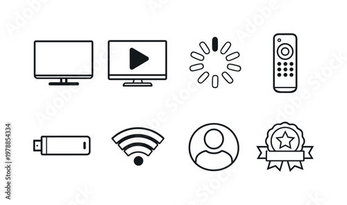 Video streaming platforms: smart TV, play button screen, buffering spinner, remote control, streaming device stick, WiFi signal, user profile avatar, subscription badge.