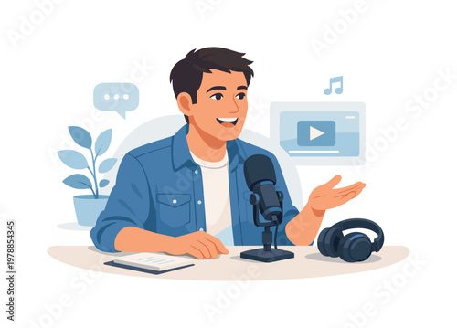 A content creator recording a podcast episode in a focused home studio environment, represented by a person speaking into a simple microphone with a pair of headphones