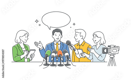 A public relations and journalism concept where speakers respond to questions and interact with reporters during official announcements, represented by a minimal