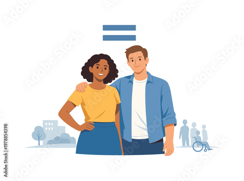 A social environment encouraging equal rights and inclusive participation in everyday life, illustrated by two individuals standing side by side beneath a simple equal