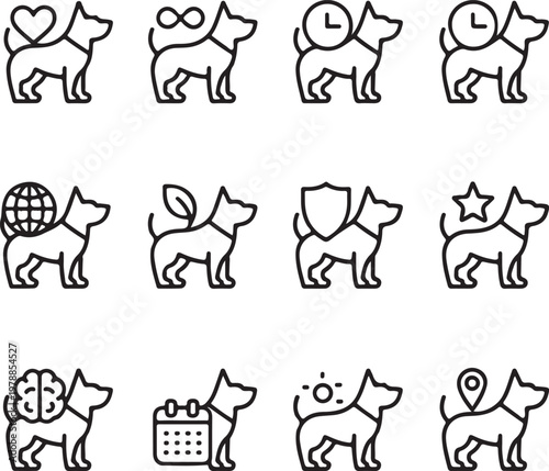 Dog icons with heart infinity clock globe leaf shield star brain calendar sun map