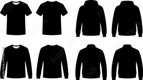 Collection of black t shirts and hoodies in various styles and sleeves