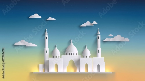 Intricate Paper Cut Design of a Mosque With Domes and Minarets Against a Grad...