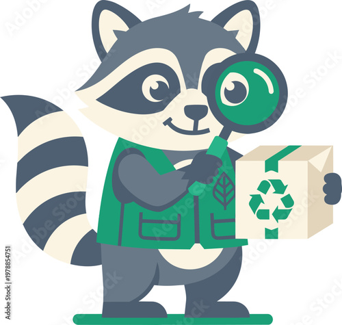 Raccoon inspects sustainable package with magnifier glass