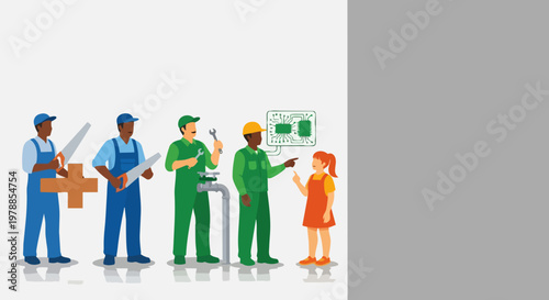 Diverse team of skilled workers collaborating with young girl on engineering project, vector illustration.