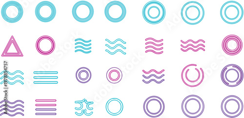Abstract Neon Geometric Line Vector Set Featuring Glowing Blue Pink And Purple Circles Waves And Triangles For Futuristic Retro Synthwave Backgrounds And Digital Tech Graphic Designs