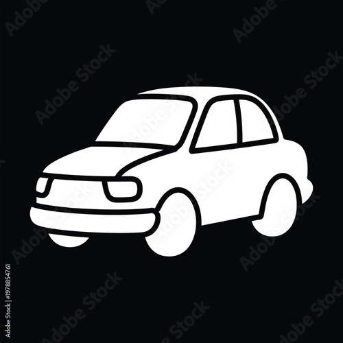 Simple Car Icon Vector – Cartoon Vehicle Line Art Illustration on Black Background