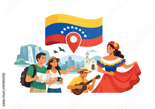 Travel and cultural exploration theme highlighting Venezuela as a destination with distinct identity and heritage, represented by a stylized Venezuela flag combined with